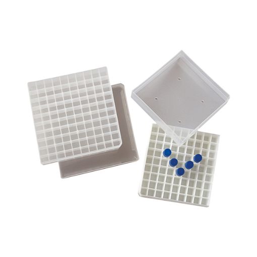 Bild på Plastic vial freezer box with hinged lid, 9 x 9, polypropylene, box natural color / lid magenta colo