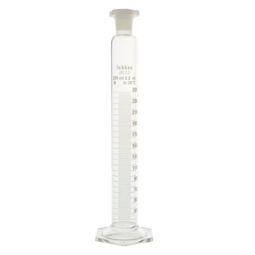 Bild på Measuring cylinder hexagonal base, with plastic stopper, class B, 100ml, 24/29, LBG 3.3