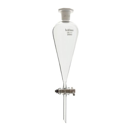 Bild på Separatory funnel, conical with PTFE stopcock and plastic stopper, 125ml, LBG 3.3, 2 pcs.