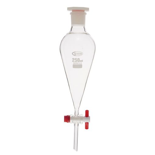 Bild på Separatory funnel, conical with PTFE stopcock and plastic stopper, 500 ml, GLASSCO