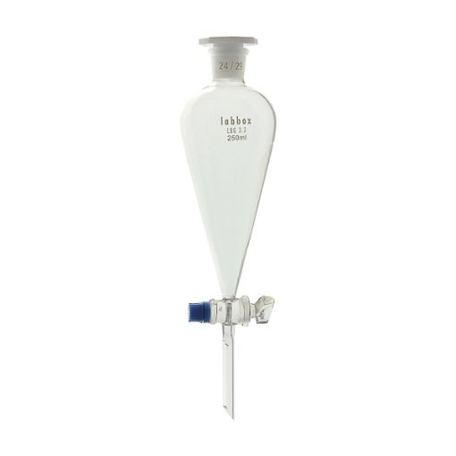 Bild på Separatory funnel, conical, with glass stopcock and plastic stopper, 500ml, LBG 3.3, 2 pcs.