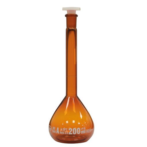Bild på Volumetric flask amber class A with plastic stopper, 25 ml, mouth size 10/19, Premium Line, 2 pcs