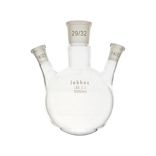 Bild på Flask, round bottom with three necks (side angle), LBG 3.3, cent. 29/32, side 14/23, 500 ml