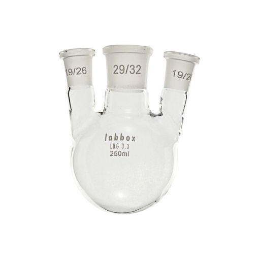 Bild på Flask, round bottom with three necks (parallel), LBG 3.3, cent. 29/32, side 14/23, 500 ml