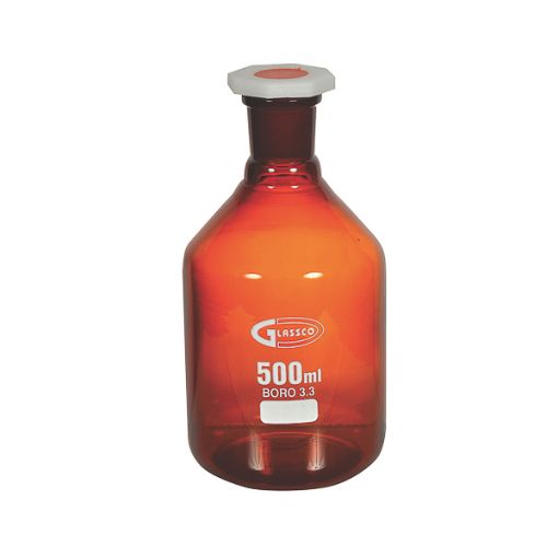 Bild på Reagent bottle amber, narrow mouth, with PP stopper, 250 ml, GLASSCO